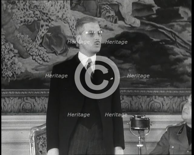 Kurt Schuschnigg, Austrian Chancellor Giving a Speech with Galeazzo Ciano, Italian Foreign..., 1930s Creator: British Pathe Ltd.