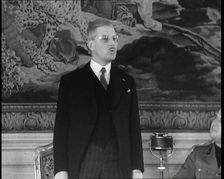 Kurt Schuschnigg, Austrian Chancellor Giving a Speech with Galeazzo Ciano, Italian Foreign..., 1930s Creator: British Pathe Ltd