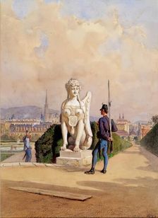 Kurzweil on guard duty in the garden of Belvedere Palace in Vienna, 1867/1880. Creator: Carl Goebel