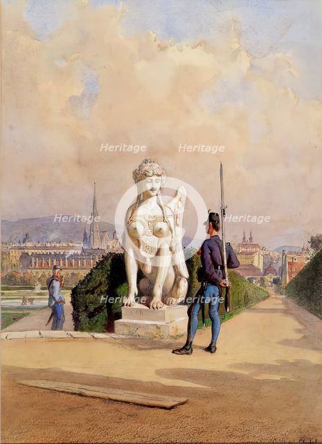 Kurzweil on guard duty in the garden of Belvedere Palace in Vienna, 1867/1880. Creator: Carl Goebel.