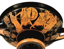 Kylix: Menelaus pursues Paris as Aphrodite and Artemis watch on, c470 BC. Creator: Douris (active ca. 490-460 BC)