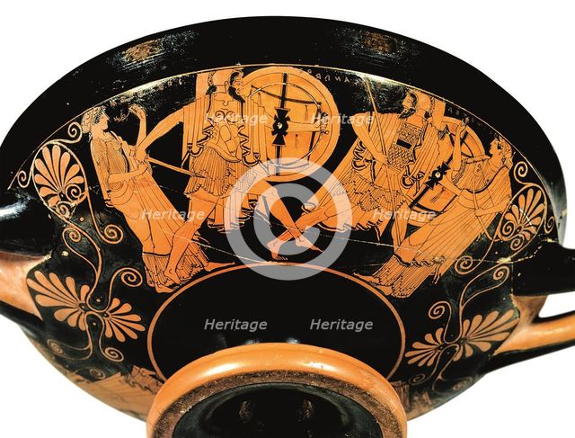 Kylix: Menelaus pursues Paris as Aphrodite and Artemis watch on, c470 BC. Creator: Douris (active ca. 490-460 BC).