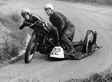 H Wilderspin taking part in the Gurston Hill Climb, on a 1936 Matchless bike, 1971