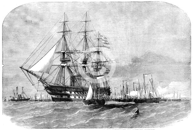 H.M.S. "Colossus", with the Gun-Boat Flotilla, leaving the Motherbank for Portland, 1856.  Creator: Smyth.