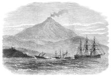 H.M.S. Caledonia and two steamers attempting to tow H.M.S. Psyche...,Sicily, 1871. Creator: Unknown