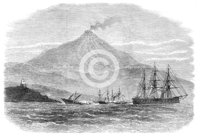 H.M.S. Caledonia and two steamers attempting to tow H.M.S. Psyche...,Sicily, 1871. Creator: Unknown.
