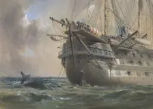 H.M.S. Agamemnon Laying the Atlantic Telegraph Cable in 1858: a Whale Crosses the Line, 1865-66. Creator: Robert Charles Dudley
