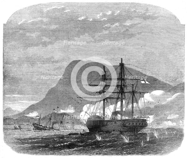 H.M S. Bulldog in conflict with the flotilla and forts at Cape Haytien, on the coast of Hayti, 1865. Creator: Smyth.