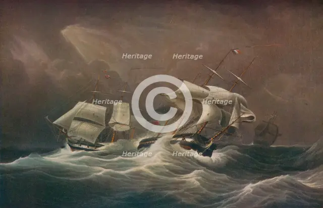 'H.M.S. Indefatigable Engaging The French Droits-De-L'Homme,1797', 1829. Artist: Edward Duncan.