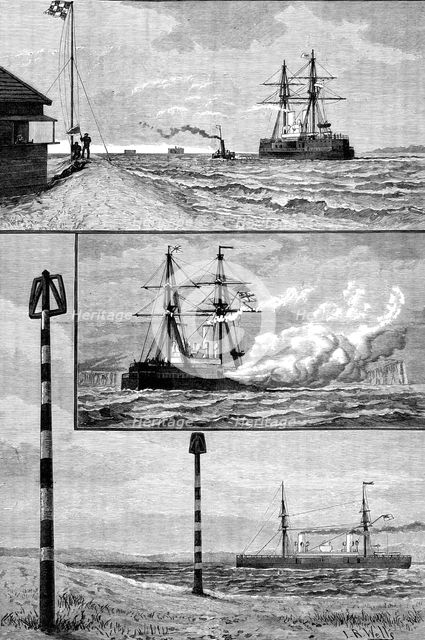 H.M.S. Inflexible at Ports Mouth: 1. swinging compasses off Magnetic Station, Gilkicker Point, 1881. Creator: Unknown.