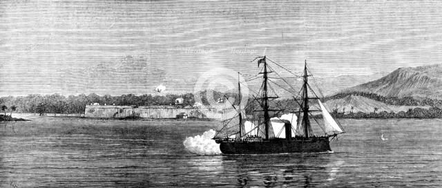 H.M.S. Niobe bombarding San Fernando Castle, Omoa, 1873. Creator: Unknown.