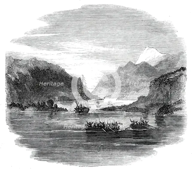 H.M.S. "Termagant" convoying the gun-boats "Grappler" and "Forward" through the Straits..., 1860. Creator: Unknown.