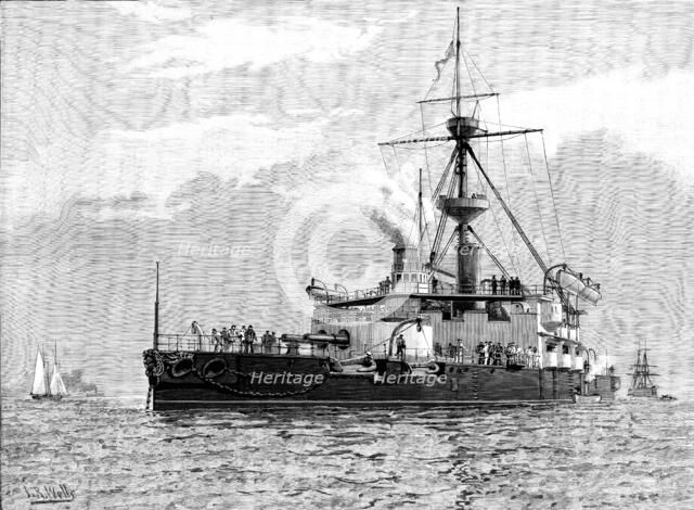 H.M.S. Trafalgar, steel armoured twin-screw turret-ship...armed with four 67-ton guns, 1890. Creator: Unknown.