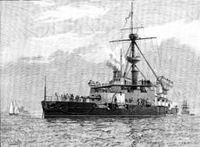 H.M.S. Trafalgar, steel armoured twin-screw turret-ship...armed with four 67-ton guns, 1890. Creator: Unknown