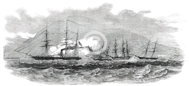 H. M. Steam-Frigate "Cormorant" Passing the Fort of Paranagua, and Engaging, 1850. Creator: Unknown.