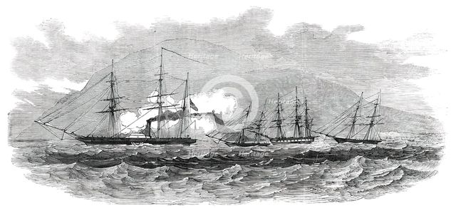 H. M. Steam-Frigate "Cormorant" Passing the Fort of Paranagua, and Engaging, 1850. Creator: Unknown.