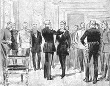 H.R.H. The Prince of Russia Investing H.R.H. The Prince of Wales with the Order of the..., 1891. Creator: Unknown