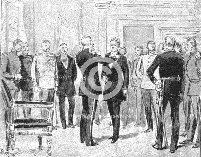 'H.R.H. The Prince of Russia Investing H.R.H. The Prince of Wales with the Order of the..., 1891. Creator: Unknown.