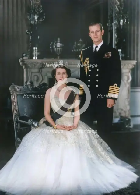 HM Queen Elizabeth II and HRH Duke of Edinburgh at Buckingham Palace, 12th March 1953.  Creator: Sterling Henry Nahum Baron.