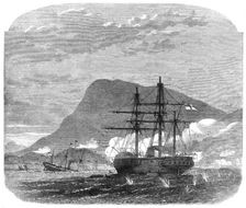 H.M S. Bulldog in conflict with the flotilla and forts at Cape Haytien, on the coast of Hayti, 1865. Creator: Smyth