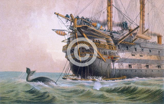 HMS Agamemnon laying the original Atlantic cable, 1850s.  Creator: Robert Charles Dudley.
