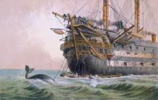 HMS Agamemnon laying the original Atlantic cable, 1850s. Creator: Robert Charles Dudley