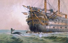 HMS Agamemnon laying the original Atlantic cable, 1850s. Creator: Robert Charles Dudley