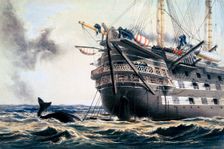 HMS Agamemnon laying the original Atlantic telegraph cable, 1857 (1866). Creator: Robert Dudley
