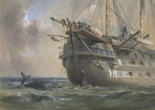 H.M.S. Agamemnon Laying the Atlantic Telegraph Cable in 1858: a Whale Crosses the Line, 1865-66. Creator: Robert Charles Dudley