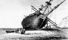 HMS Beagle laid ashore, Rio Santa Cruz, Patagonia, South America, 1834 (1839)