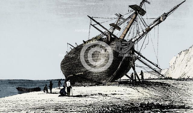 HMS 'Beagle' laid ashore, Rio Santa Cruz, Patagonia, South America, 1834 (1839). Artist: Unknown.
