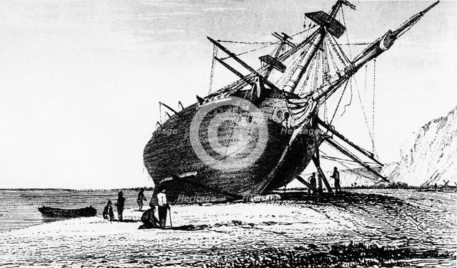 HMS 'Beagle' laid ashore, Rio Santa Cruz, Patagonia, South America, 1834 (1839). Artist: Unknown