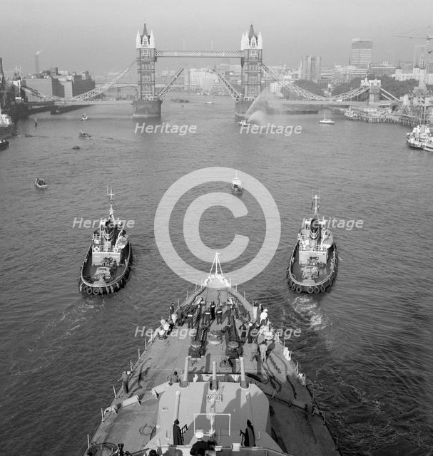 HMS 'Belfast' and Tower Bridge, London, 1971. Artist: Eric de Maré.