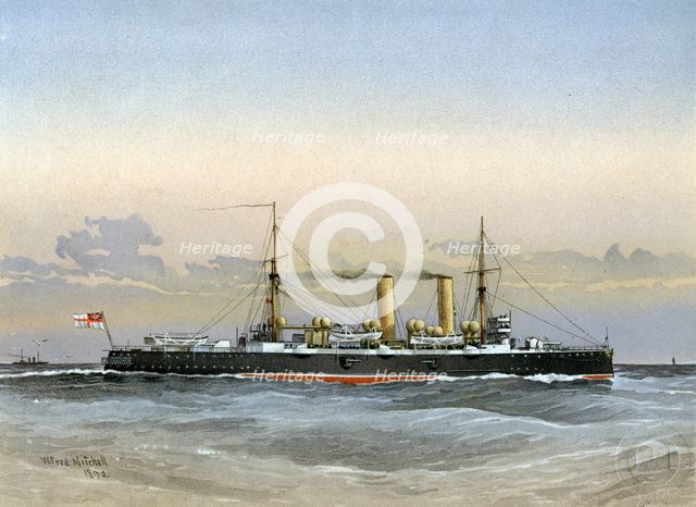 HMS 'Blenheim', Royal Navy 1st class cruiser, 1892. Artist: William Frederick Mitchell