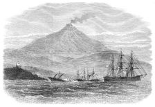 H.M.S. Caledonia and two steamers attempting to tow H.M.S. Psyche...,Sicily, 1871. Creator: Unknown