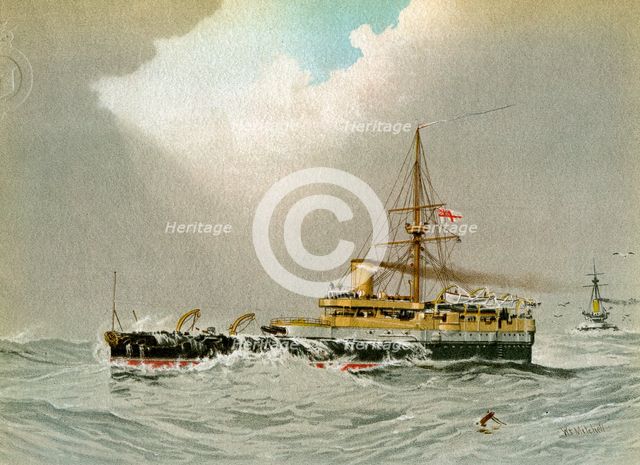 HMS 'Hero', Royal Navy 2nd class battleship, c1890-c1893.Artist: William Frederick Mitchell