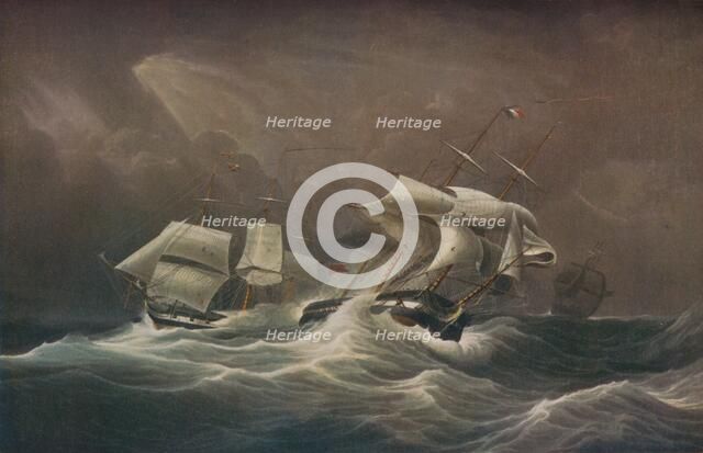 'H.M.S. Indefatigable Engaging The French Droits-De-L'Homme,1797', 1829. Artist: Edward Duncan.