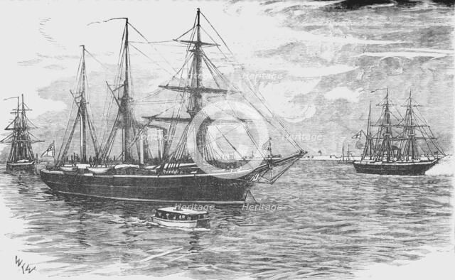 'HMS Iris, with the Gunboats Beacon and Decoy, Blockading Damietta', c1882. Artist: Unknown.
