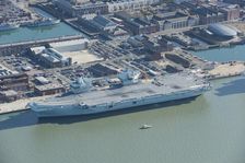 HMS Queen Elizabeth aircraft carrier in dock, Portsmouth, Hampshire, 2020. Creator: Damian Grady