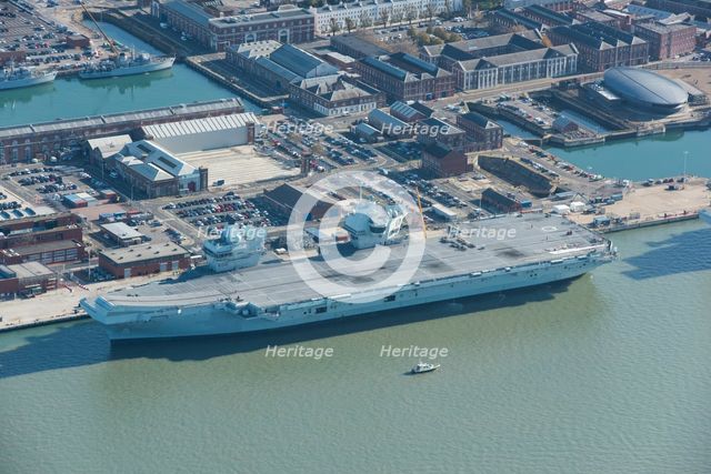 HMS Queen Elizabeth aircraft carrier in dock, Portsmouth, Hampshire, 2020. Creator: Damian Grady.