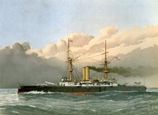 HMS Royal Sovereign Royal Navy 1st class battleship, c1890-c1893.Artist: William Frederick Mitchell