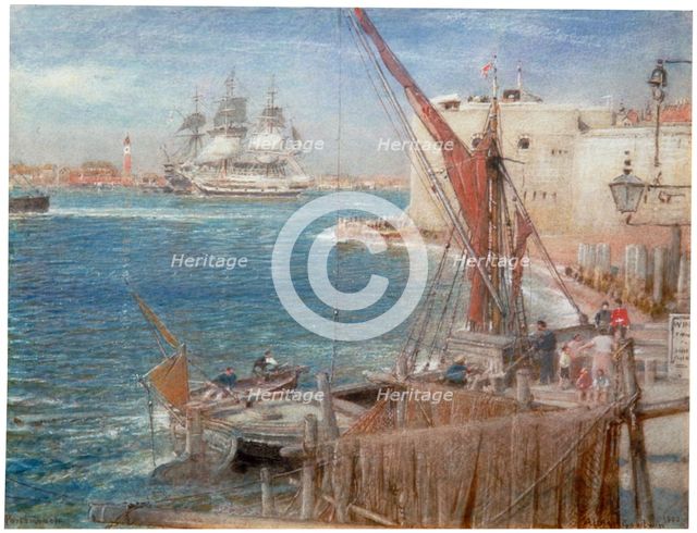'HMS 'The Victory' at Portsmouth', 1907.                                 Artist: Albert Goodwin