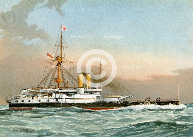 HMS 'Victoria', Royal Navy 1st class battleship, c1890-c1893.Artist: William Frederick Mitchell