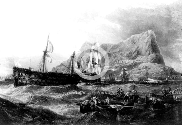 HMS Victory towed back to Gibraltar, 1805, 19th century. Artist: Unknown