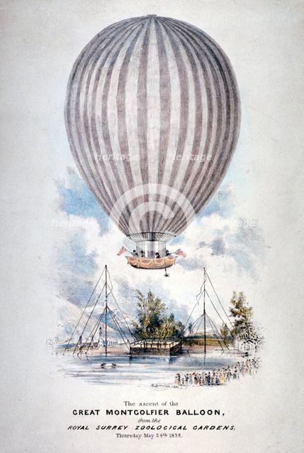 Hot air balloon ascending over Surrey Zoological Gardens, Southwark, London, 1838. Artist: Anon