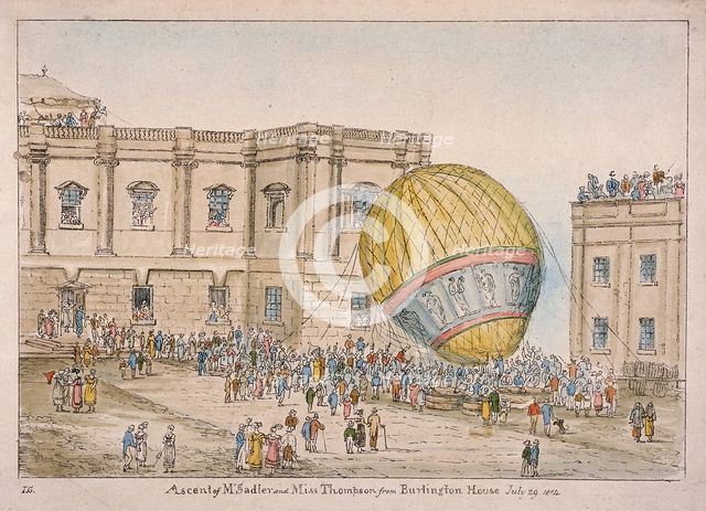 Hot air balloon in the courtyard of Burlington House, Piccadilly, Westminster, London, 1814. Artist: James Gillray