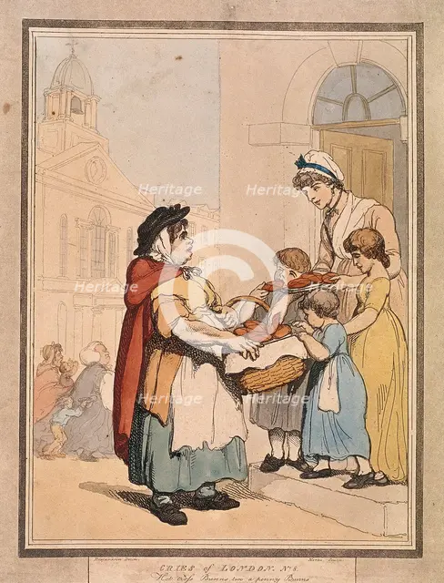 'Hot cross Bunns two a penny Bunns', plate VIII of Cries of London, 1799. Artist: H Merke