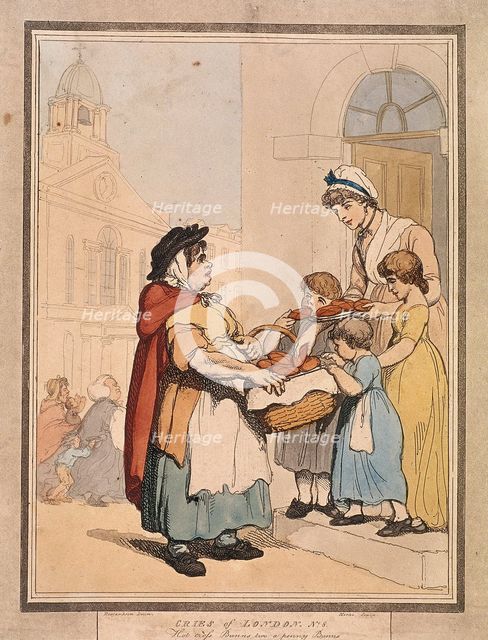 'Hot cross Bunns two a penny Bunns', plate VIII of Cries of London, 1799. Artist: H Merke