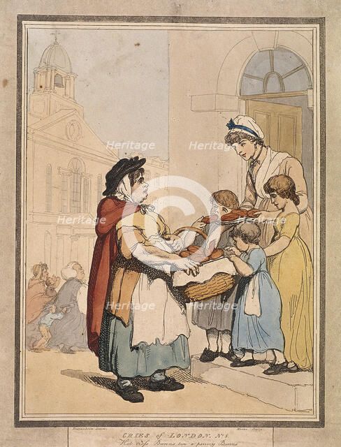 'Hot cross Bunns two a penny Bunns', plate VIII of Cries of London, 1799. Artist: H Merke