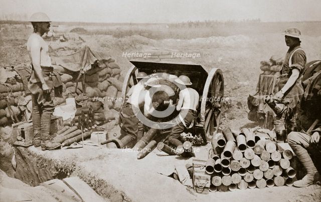 'Hot work at the guns', Somme campaign, France, World War I, 1916. Creator: Unknown.